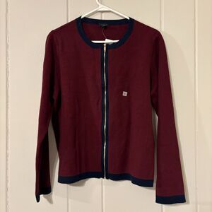 Ann Taylor Zip Front Cardigan XL Burgundy Navy Blue Long Sleeve Round Neck NWT